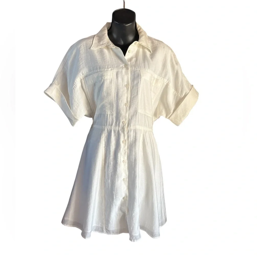 NWT ZARA women’s collar button down ivory/ cream short dress chest front pockets - Picture 2 of 10